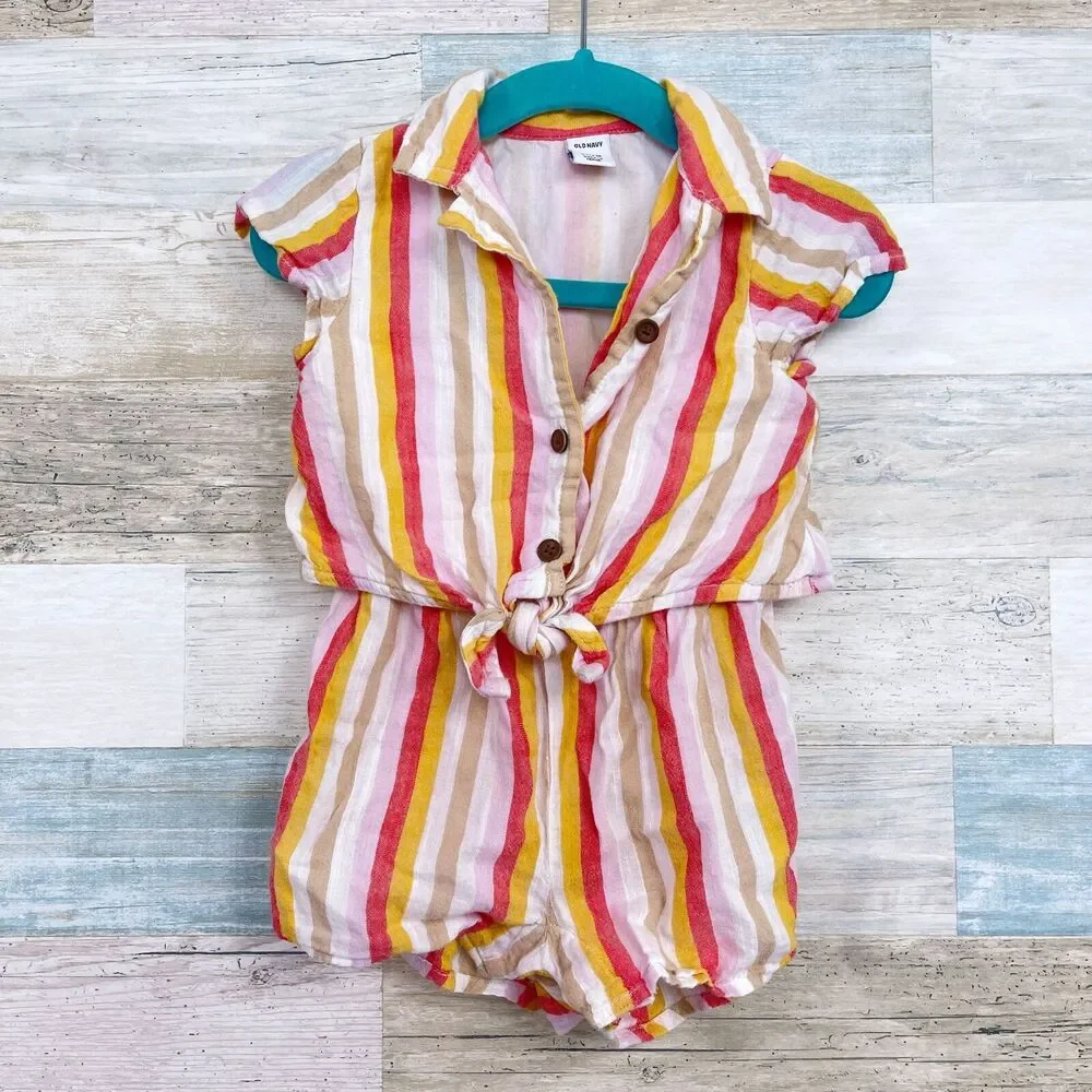 Old Navy Striped Tie Front Romper White Pink Multi Baby Girl 6-12M 6-12 Month
